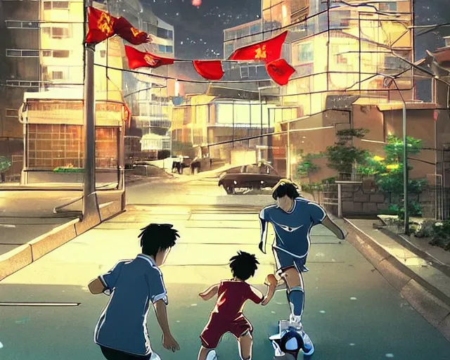 Prompt: harry kane and son heung-min playing soccer in the streets of beijing, slice of life anime, lighting, anime scenery by Makoto shinkai