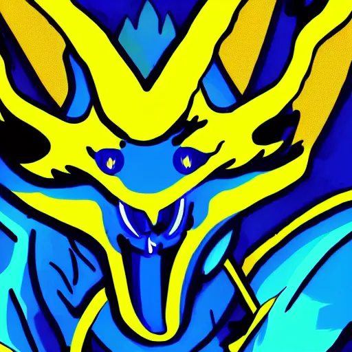 Image similar to illustration neon blue and yellow super cool dragon. trending on artstation