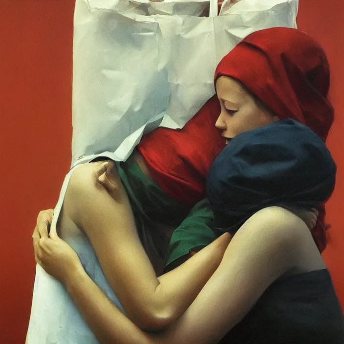 Prompt: two women hugging with a paper bag over the head dressed in plastic bags, highly detailed, artstation, art by, , edward hopper, Zdzislaw Beksinski, highly detailed