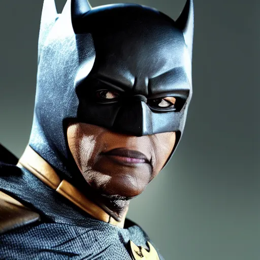 Image similar to Bola Tinubu as Batman, Bat suit with no cowl, no mask, portrait, hyper-realistic, sharp focus, highly detailed, depth of field, octane render