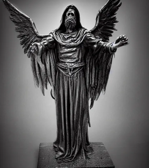 Image similar to mystical black death angel statue, film photo, grainy, high detail, high resolution