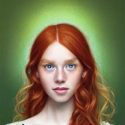 Image similar to a highly detailed, hyper realistic, red haired young woman, among golden fireflies, with long hair, green eyes, hint of freckles, round gentle face, tilted head, cheeky smile, deep focus, elegant, digital painting, smooth, sharp focus, golden ratio, illustration, ultra realistic, 8 k, art by artgerm and caravaggio