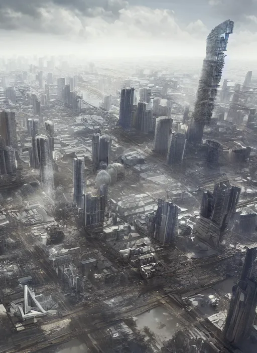 Prompt: a low angle shot, Epic sci-fi Art by Hyper detailed digital matte painting, of a large skyscraper building that is hovering above dried out miami city with dust clouds of smoke in the air and canles and debris falling out underneath, concept art, hyperrealism, 8k
