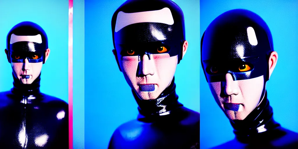 Image similar to a close - up risograph of cyberpunk japanese model men with black eyes and pretty face wearing latex catsuit and lots of transparent and cellophane accessories, blue hour, twilight, cool, portrait, kodachrome, iso 1 2 0 0, painting by mayumi hosokura