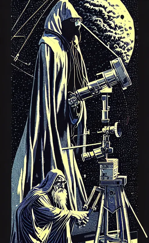 Image similar to ancient cloaked wizards looking through a telescope in his laboratory, high details, intricately detailed, by vincent di fate, inking, 3 color screen print, masterpiece, trending on artstation,, sharp, details, hyper - detailed, hd, 4 k, 8 k