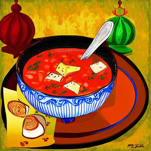 Image similar to Dragon eating russian borsch soup on the Red Square, digital art