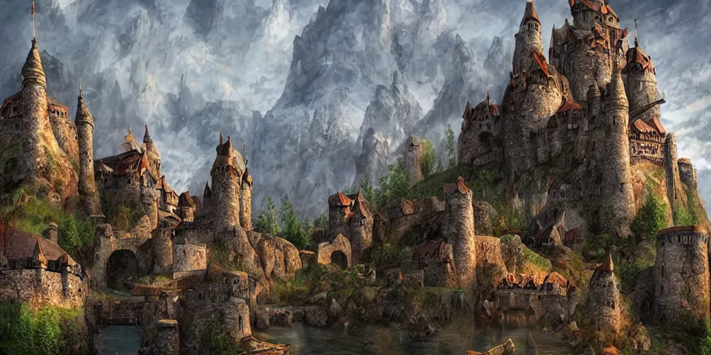 Image similar to A stunning fortress ran by dwarves, medieval style, digital art, masterpiece