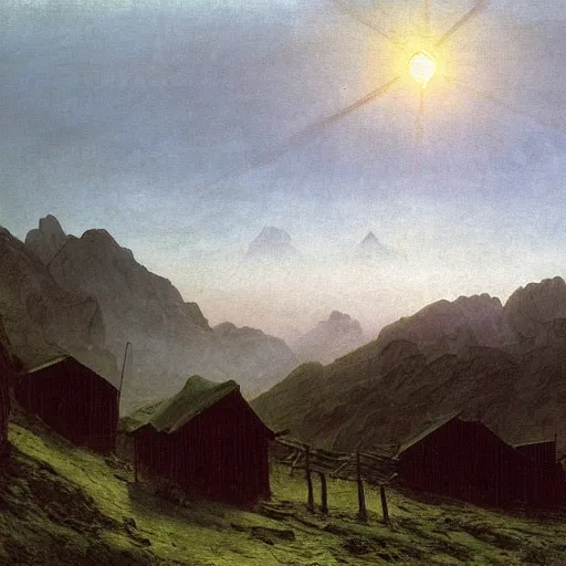 Image similar to mountains above the clouds, village in the mountain, long parallel wooden platforms, tents, colors, misty clouds, sun at dawn, painting by caspar david friedrich