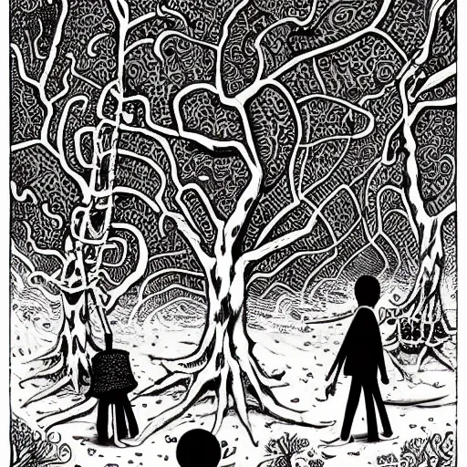Image similar to black and white trippy comic art of a guy selling trees, lots of leaves, drawn by Martin Rowson, Tim Burton, Studio Ghibli, Alex Pardee, Nekro Petros Afshar, James McDermott, cgsociety 4K