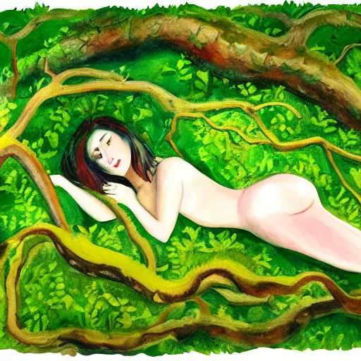 Image similar to a beautiful painting of a female laying down in a green forest, dense moss, lovely vines, watercolors