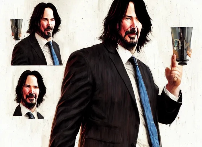 Prompt: fat! keanu reeves at an office birthday party, elegant intricate digital painting artstation concept art by mark brooks and brad kunkle detailed