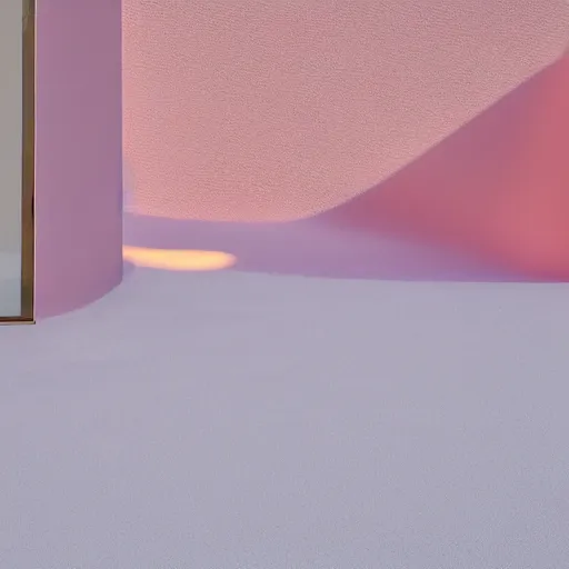 Prompt: An ultra high definition, professional photograph of an outdoor partial IKEA showroom inspired sculpture located on a pastel pink beach ((with pastel pink, dimpled sand where every item is pastel pink. )) The sun can be seen rising through a window in the showroom. The showroom unit is outdoors and the floor is made of dimpled sand. Morning time indirect lighting with on location production lighting on the showroom. In the style of wallpaper magazine, Wes Anderson.