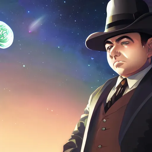 Image similar to portrait of al capone as a space explorer, anime fantasy illustration by tomoyuki yamasaki, kyoto studio, madhouse, ufotable, square enix, cinematic lighting, trending on artstation