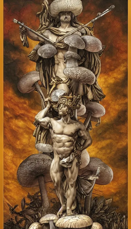 Image similar to a masterpiece hyperdetailed dnd tarot card, magnificent mushroom deity as depicted in a colossal greek marble statue ( with godlike bodybuilder physique ), hd tarot card depicting monumental statue of a mushroom god with cute large mushroom hat, hdr, 8 k, artstationhq, digital art