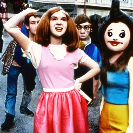 Image similar to a teenage girl with an inflatable cartoon head goes to high school, live-action john waters film, 1974, technicolor