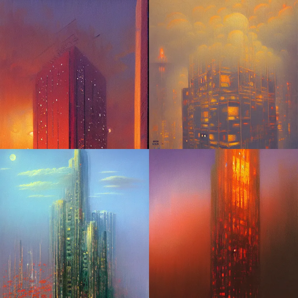 Prompt: detailed painting of a skyscraper, exterior, floral ornaments, volumetrics lights, beam of bright lights through the clouds, beksinski, syd mead