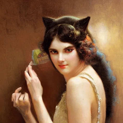 Image similar to detailed potrait of cat woman in baroque painting, girl graceful,, painting by gaston bussiere, craig mullins, j. c. leyendecker, lights, art by ernst haeckel, john william godward, hammershøi,,