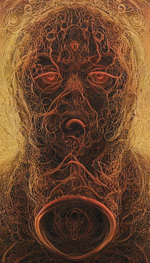 Prompt: Elden Ring themed painting of entranced monk symmetrical transcendental face mask pattern concept, infinity glyph, intricate artwork by, Johnatan Wayshak, Zdizslaw Beksinski, Ayami Kojima, Amano, Karol Bak, Greg Hildebrandt, and Mark Brooks, Neo-Gothic, gothic, rich deep colors, art by Takato Yamamoto, masterpiece, face by Artgerm, H.R. Giger, very coherent artwork, cinematic, hyper realism, high detail, octane render, unreal engine, 8k, High contrast, golden ratio, trending on cgsociety, ultra high quality model, production quality cinema model