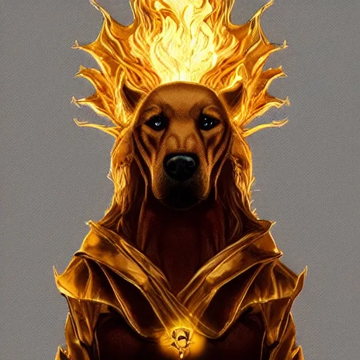 Prompt: golden dog sitting on a fiery throne, stylized, artgerm, artstation, hd, cgsociety, cgi, realistic, dramatic, cinematic, artistic, trending, detailed