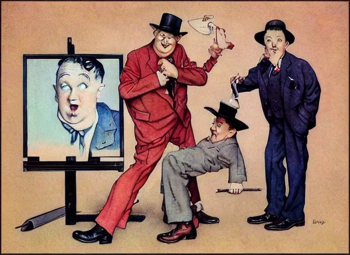 Prompt: “ painting of stan laurel and oliver hardy, by norman rockwell and robert crumb, coloured ”