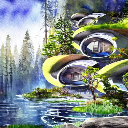 Image similar to beautiful happy picturesque charming sci - fi organic pod - like homes consisting of modules of the future in a beautiful natural scene. water, trees and rocks. beautiful light. soft colour scheme. beautiful artistic detailed watercolor by lurid. ( 2 0 2 2 )