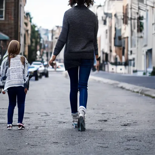 Prompt: tall girl walking with a short girl on a street