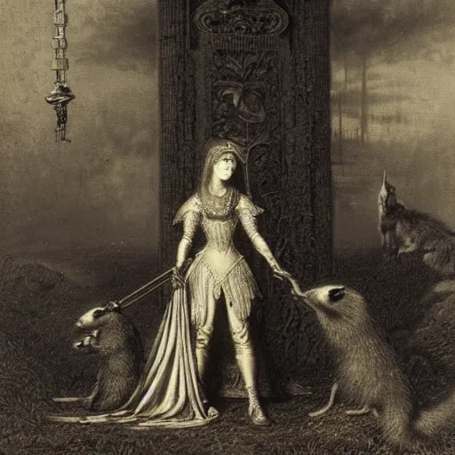 Prompt: a weasel princess and a ferret knight, by gustave dore