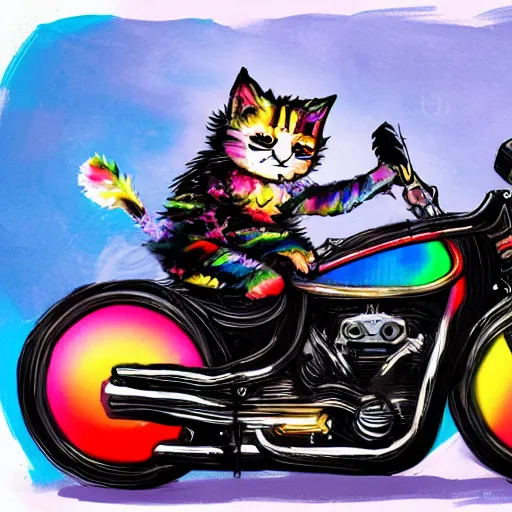 Image similar to wide angle full body, jacket wearing fluffy cute rainbow kitten wearing a black leather motorcycle jacket, riding on a motorcycle, cinematic concept art