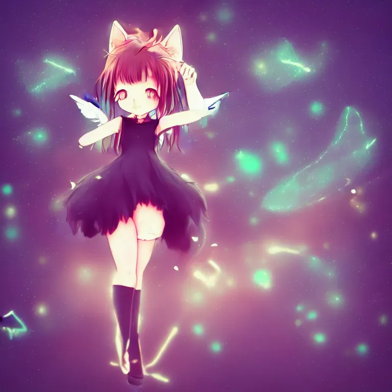 Image similar to cute, full body, female, anime style, a cat girl with fairy wings, large eyes, beautiful lighting, sharp focus, simple background, creative, heart effects, filters applied, illustration