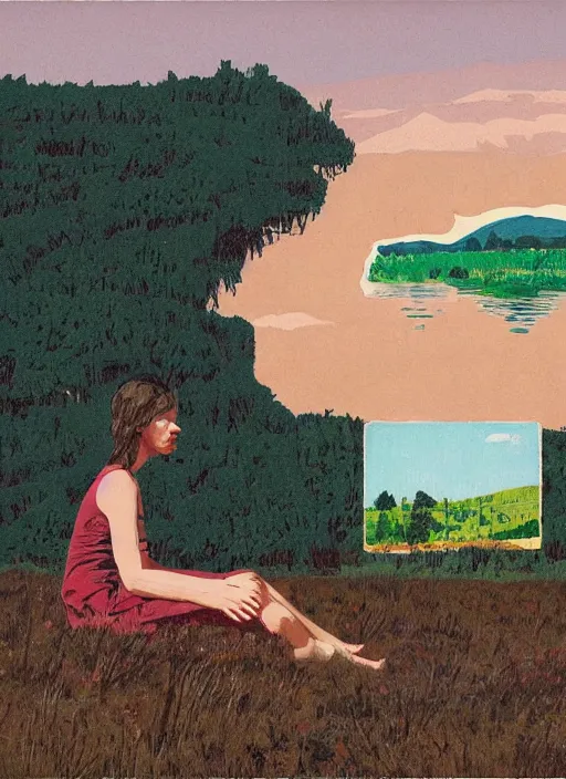 Image similar to composition by justine kurland, a up - close portrait of girl friends sitting in a scenic representation of mother nature and the meaning of life by billy childish, thick visible brush strokes, shadowy landscape painting in the background by beal gifford, vintage postcard illustration, minimalist cover art by mitchell hooks