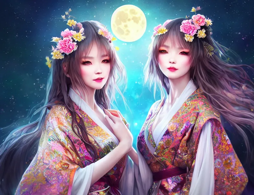 Image similar to two beautiful alluring siberian girls wear fantasy kimono in festival | | sunny night, full moon, dreamlike art, realistic shaded, smile, good looking, hyper details, 4 k realistic, cryengine, realistic shaded lighting poster by artgerm, ross tran, fuji choko, 8 k resolution, trending on artstation, luxury