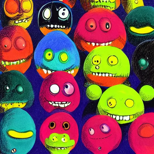 Image similar to an army of tennis ball monsters, colorful, digital art, fantasy, magic, chalk, trending on artstation, ultra detailed, professional illustration by basil gogos