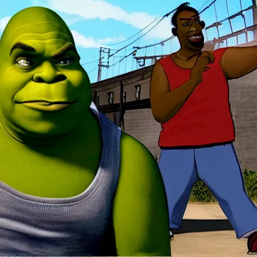 Prompt: Shrek in grand theft auto San Andreas