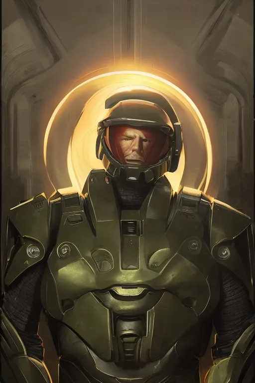 Image similar to portrait of master chief with hot dog arms with a halo behind him, catholic religious art, sacred, halo, strong, imposing, by moebius and greg rutkowski and artgerm, octane render, trending on artstation