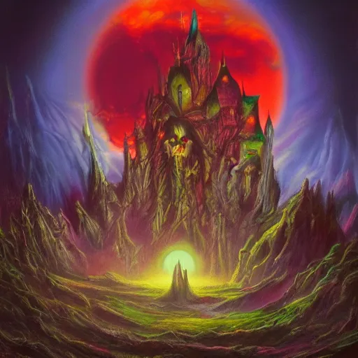 Prompt: Horrifying vampire in a beautiful lsd multiverse, Don Bluth matte painting, post-processing, fantasy , masterpiece , painting , vibrant colors