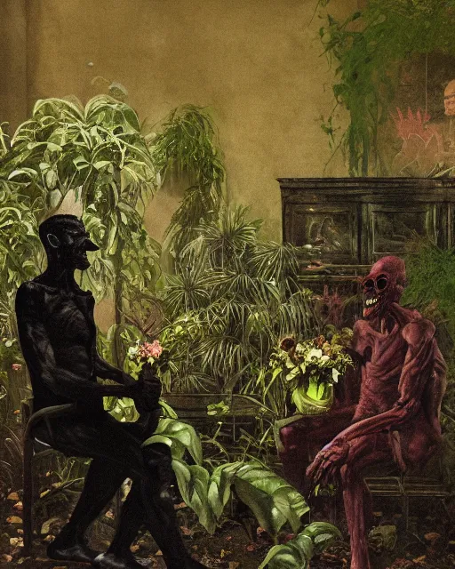 Image similar to dark fleshy figure seated next to another dark angry figure laughing alone inside an empty dark ballroom overgrown with plants in the style of Norman Rockwell and Greg Rutkowski and Francis Bacon