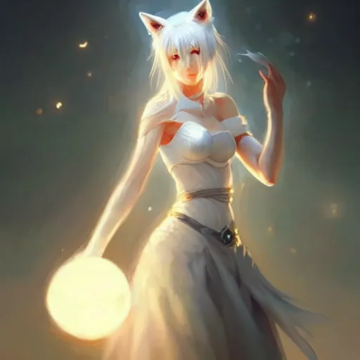 Prompt: a woman in a white dress holding a glowing ball | with nine white fox tails | a detailed painting by ross tran | wlop and stanley artgerm lau!!!!!!!!!!!!!!! | featured on deviantart | fantasy art | anime | 2 d game art | official art
