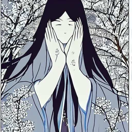 Prompt: yuki onna with a bridal veil covering her face. a tree of white flowers. folk. pastoral. gothic. vibrant. manga