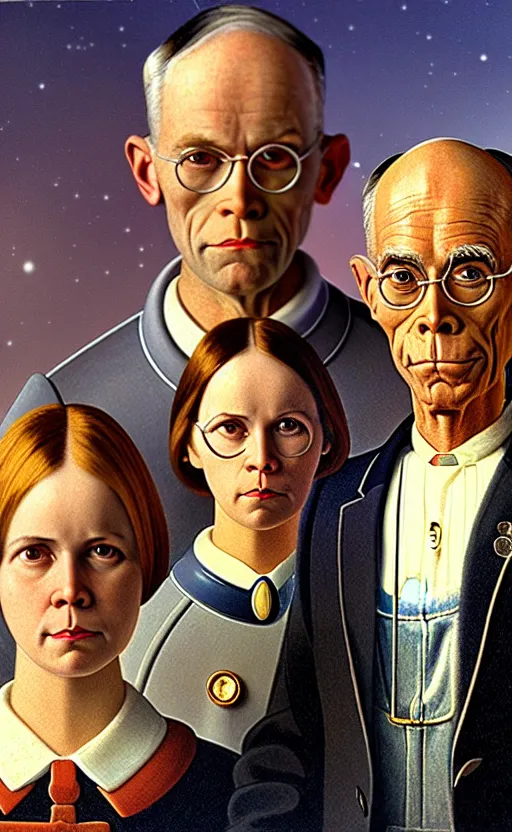 Image similar to super super super epic cinematic shot of an astronaut couple, American Gothic style, 8k scene, digital art, drawn by j.c. leyendecker, amazing quality