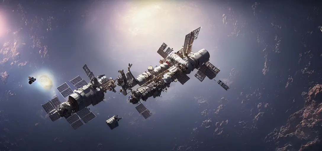 Prompt: wide angle shot of the space station floating around earth, hd, volumetric lighting, 4 k, intricate detail, by jesper ejsing, craig mullins