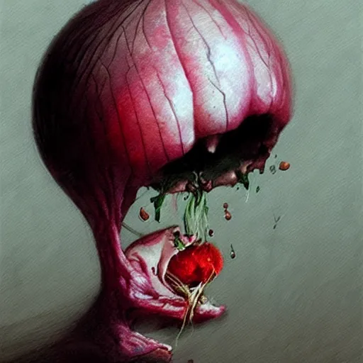 Prompt: sad onion with realistic human eyes crying blood , dark surrealism, Greg Rutkowski