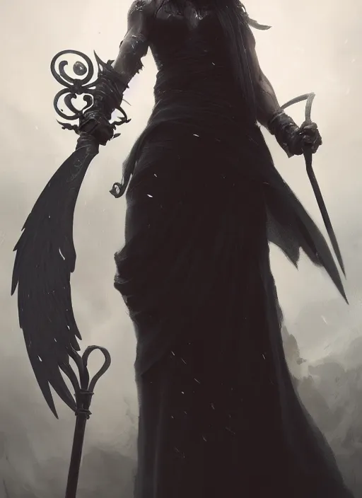 Image similar to a portrait of a beautiful angel of death with black wings holding a large scythe by marco bucci and greg rutkowski, sharp focus, very detailed, cinematic, closeup, trending on artstation, 4 k