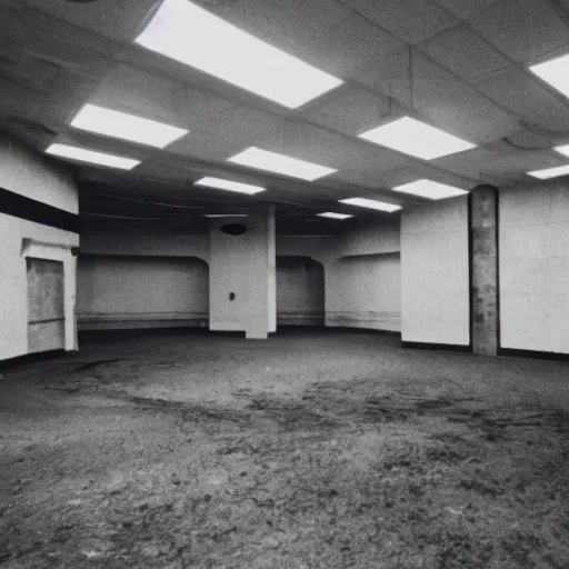 Image similar to vhs found footage of an abandoned empty mall made out of cement, 3 5 mm, photography, liminal space, the backrooms, scp, stalker, surveillance camera