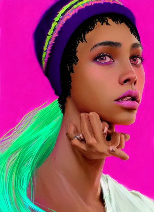 Image similar to portrait of teenage vanessa morgan with bright pink hair, black girl, curly pixie cut hair, wearing a purple breton cap, breton cap, hoop earrings, intricate, elegant, glowing lights, highly detailed, digital painting, artstation, concept art, smooth, sharp focus, illustration, art by wlop, mars ravelo and greg rutkowski