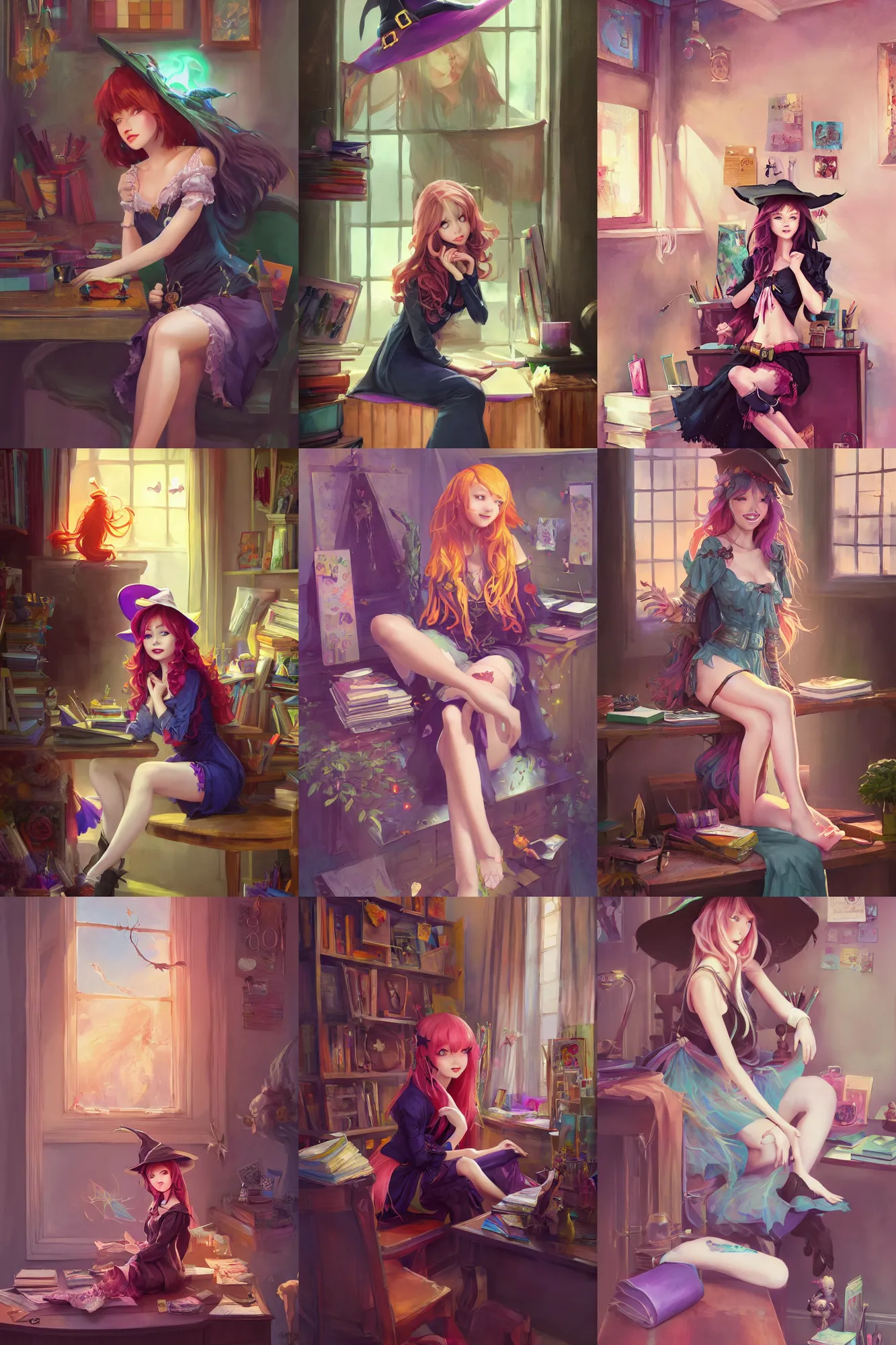 Prompt: a beautiful witch girl sitting in her office | | cute - fine - subtle smile, colorful hair, face, pretty face, fine details by stanley artgerm lau, wlop, rossdraws, james jean, andrei riabovitchev, marc simonetti, and sakimichan, trending on artstation