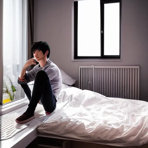 Image similar to small room in tokyo, window open, dawn, young man sitting at computer, walls covered with anime posters, lots of appliances on shelves, small bed not made, photo realism, poster art, hyper details, soft light, soft shadows, blurred photo