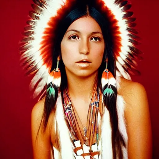 Image similar to clear photo of a beautiful and young female singer of native american descent taken in 1 9 7 6, high quality, highly detailed 7 0 s style photography, long dark hair, elegant pool, trending on pinterest, aesthetically beautiful, elegant, studio photography