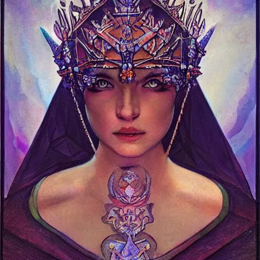 Prompt: the crystal crown, by Annie Swynnerton and Nicholas Roerich and Diego Rivera, tattooed bioluminescent skin, elaborate costume, geometric ornament, symbolist, Luis Royo, rich color, dramatic cinematic lighting, smooth, sharp focus, extremely detailed