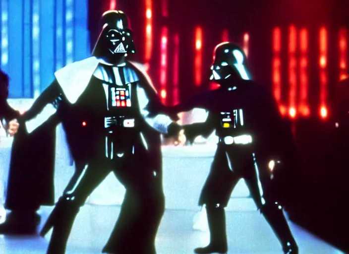 Image similar to film still of Darth Vader disco dancing exactly like John Travolta on the cover of Saturday Night Fever, 4k