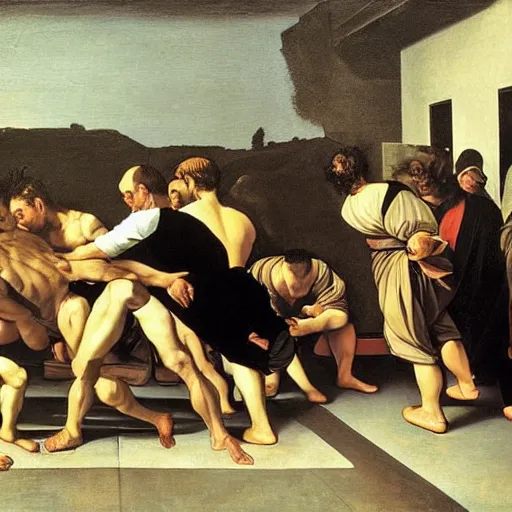 Prompt: caravaggio painting of people exercising in a class